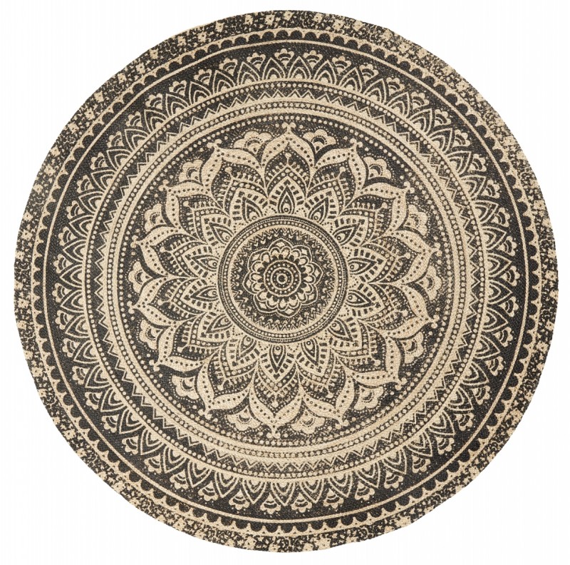 RUG ROUND JUTE NATURAL W BLACK PRINT 150